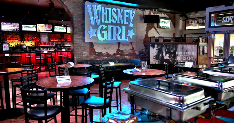 Interior, restaurant sign in the back