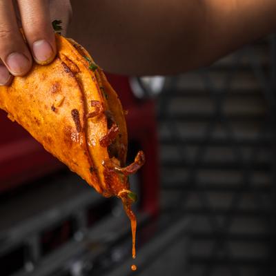 Hand holding a Birria taco, close-up.