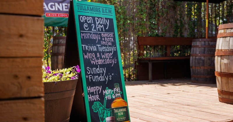 Exterior, patio, chairs and barrel tables