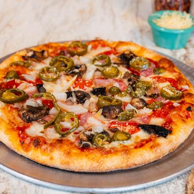 Canadian bacon, pepperoni, mushrooms, onions, jalapeño, parmesan cheese, and red sauce.