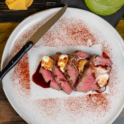 Eight ounce charred filet of beef.