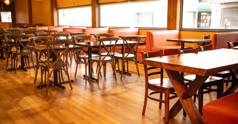 Interior, tables, chairs and sitting booths