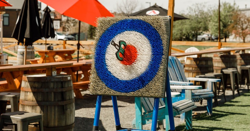 Exterior, target for sporting activities, garden, tables and benches behind