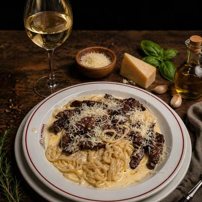 Creamy pasta topped with sliced steak and grated Parmesan, served alongside a glass of white wine.