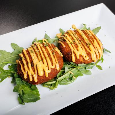 Salmon croquettes, angled view.