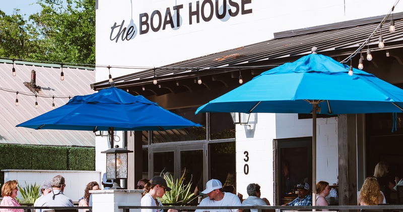 Outdoor seating area full of guests