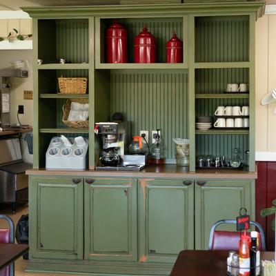 Shelves with various items.