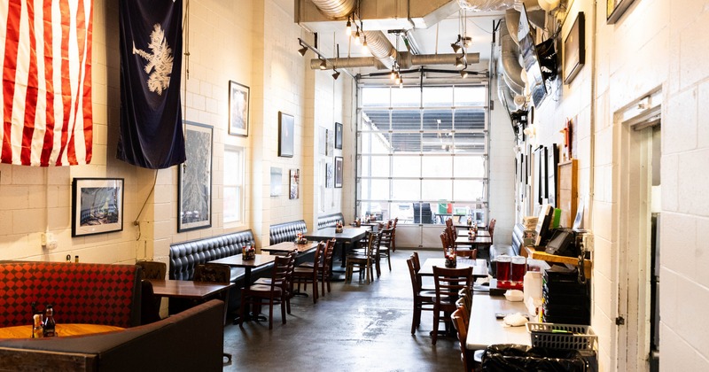 Interior, dining area with flag on the wall