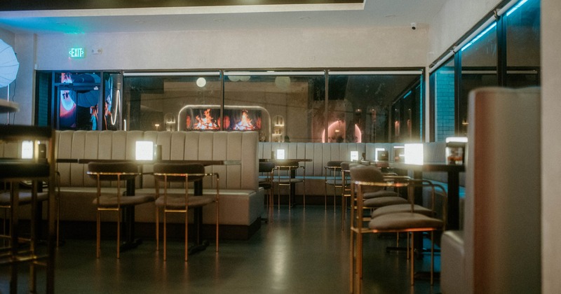 Interior, seating area, banquette benches with tables and chairs