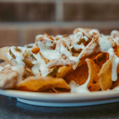 Buffalo Chicken Nachos, close-up.