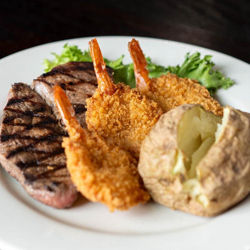 menu item 10 of 10, 8 oz Sirloin Steak & 3 Fantail Shrimp