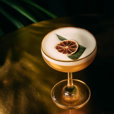 Frothy cocktail garnished with a leaf and a lime wheel.