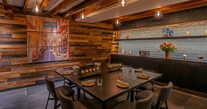 Wooden interior design, joined tables and decoration