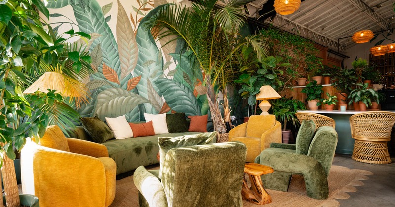Interior, lounge area, comfortable sofa with armchairs and coffee tables, various plants