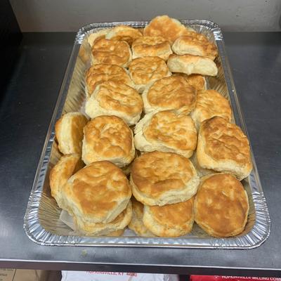 Tray of freshly baked biscuits.
