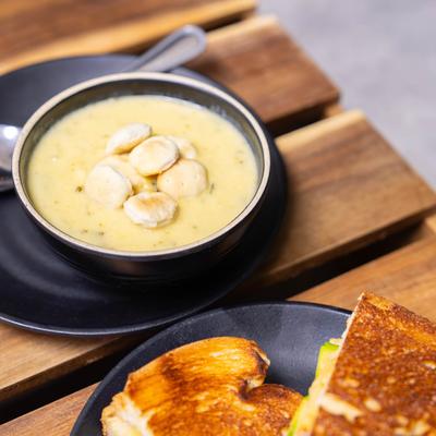 Broccoli cheddar soup with Avo Chipotle Grilled Cheese.