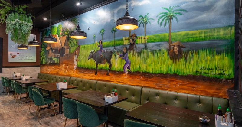 Interior, dining area with painted wall