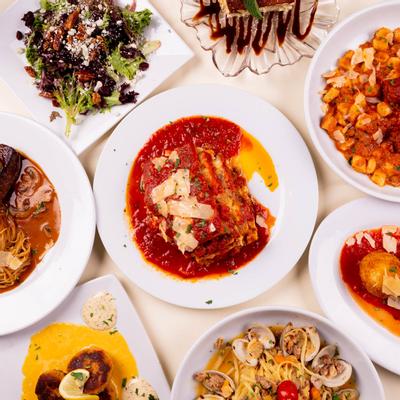 An assortment of dishes, flat lay view
