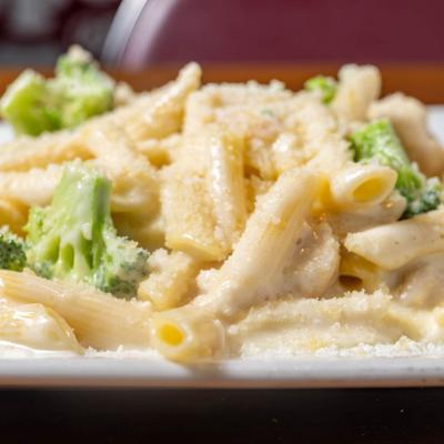 Chicken and Broccoli Alfredo Pasta, close-up.