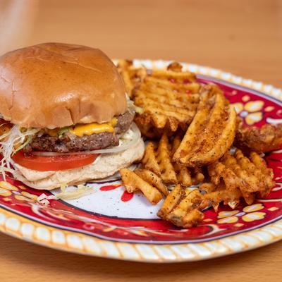 Bacon Cheesburger with side of waffle fries.