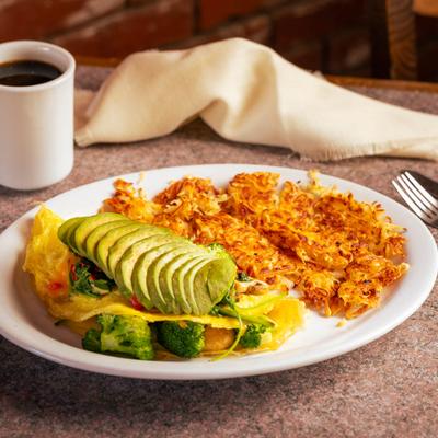 Garden Omelet served with hash browns.