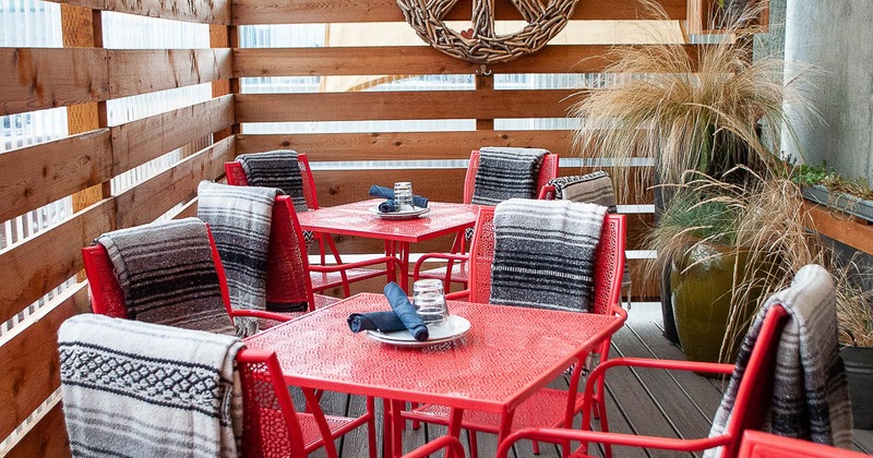 Exterior, patio, blankets on chairs