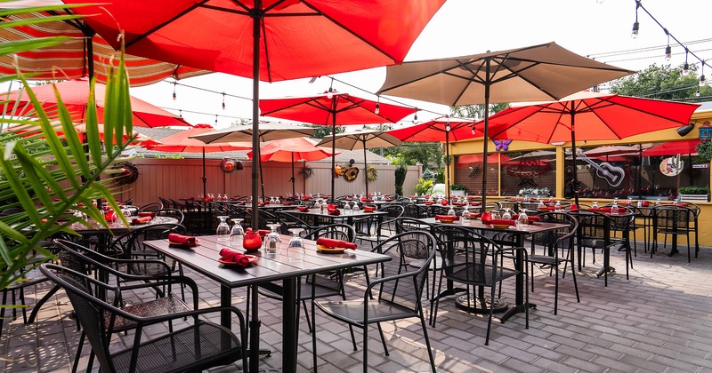 Exterior, patio area, tables with parasols