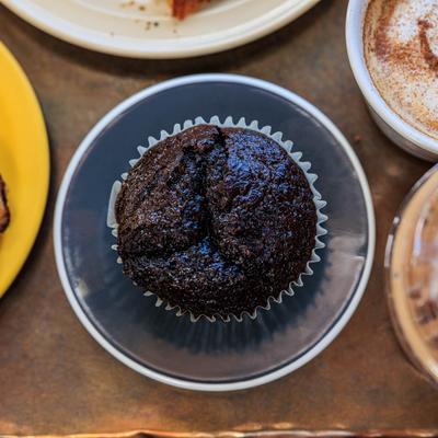 Chocolate muffin, top view.