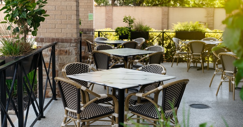 Exterior, patio, tables, chairs, plants