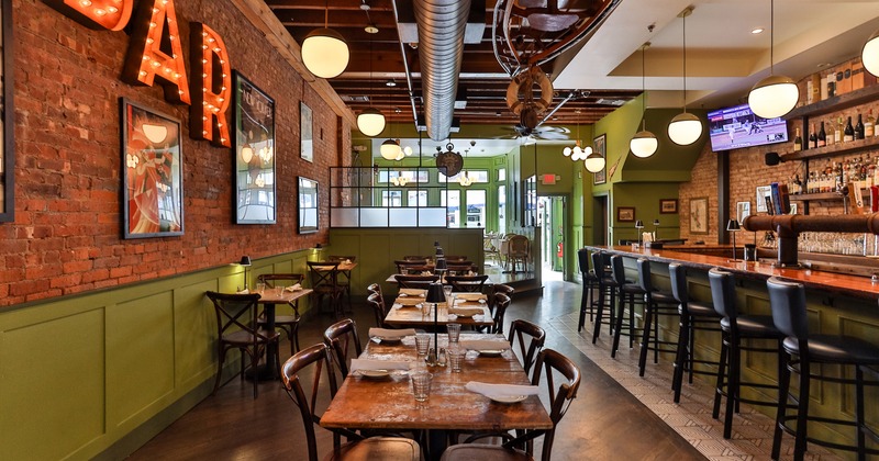 Restaurant interior, dining and bar areas