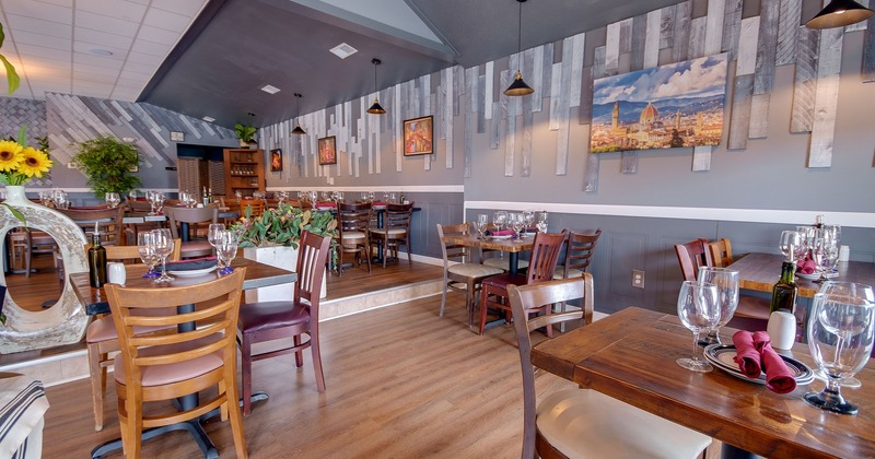 Interior, dining space with tables and accessories