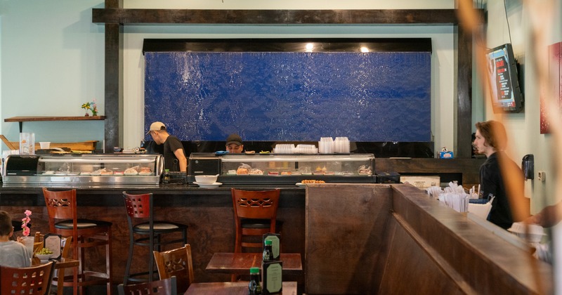 Diner area, tables, chairs, food counter