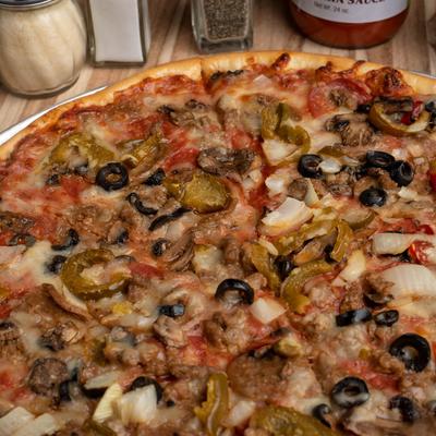 Pizza with pepperoni, sausage, olives, peppers, onions, and mushrooms.