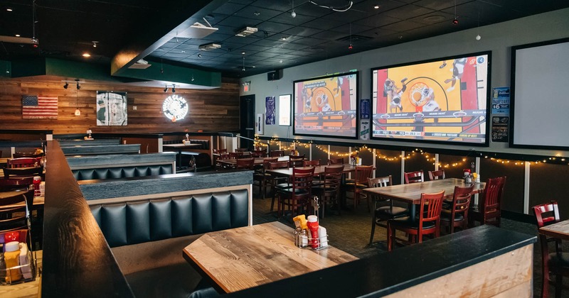 Interior, inline dining booths, chairs and tables