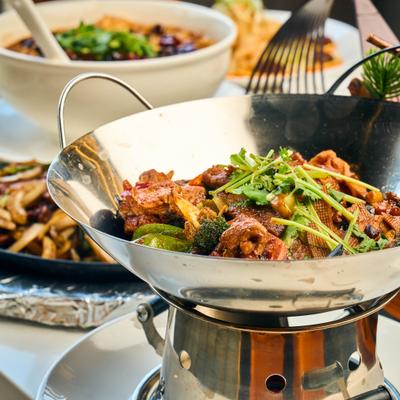 Hot pot with braised beef and vegetables.