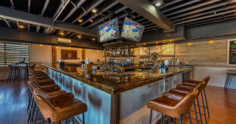 Interior, bar area, bar and bar stools