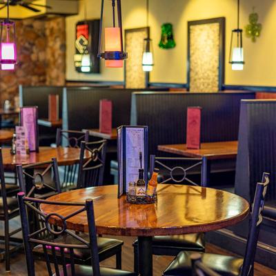 Interior, dining area, round tables and booths