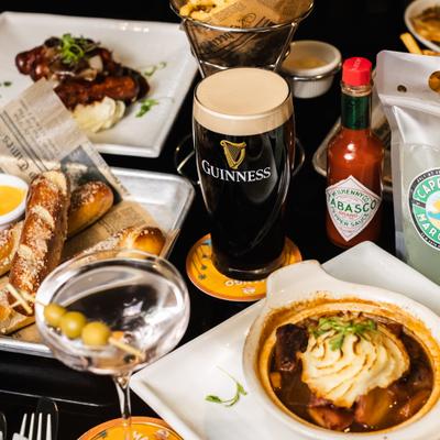 An assortment of food and drinks.