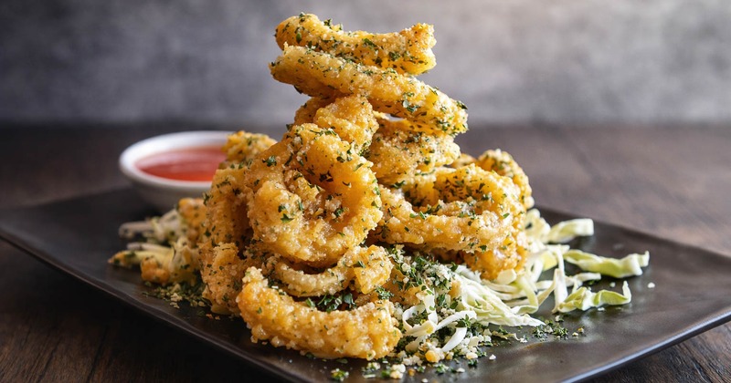 Fried Calamari served on a bed of shreded vegetables with a dipping sauce