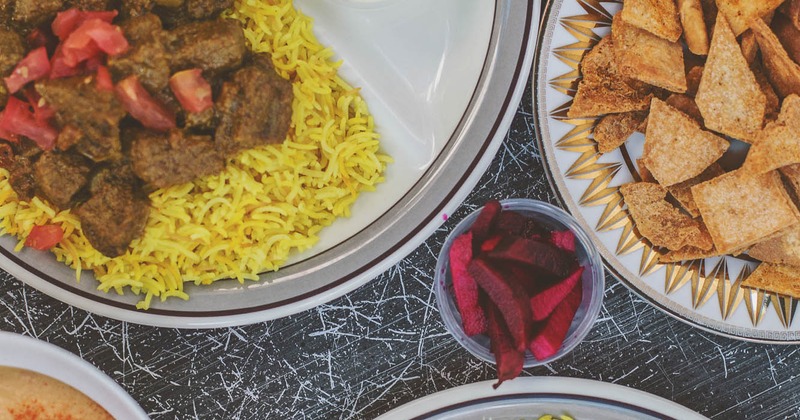 Multiple food plates, top view