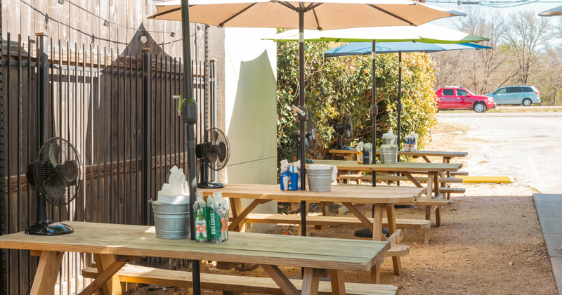 Exterior, seating area, cars in the background