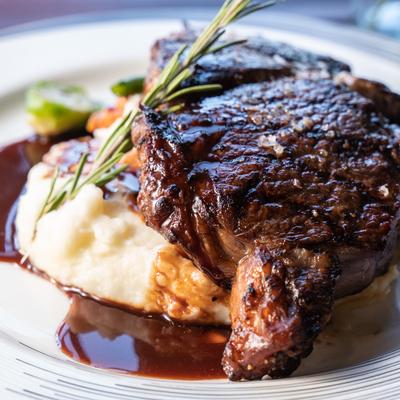 Ribeye with mashed potatoes and rosemary