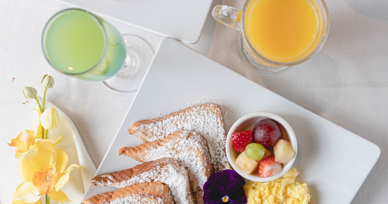 French toast platter and drinks, top view