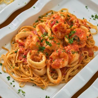 Shrimp, calamari, and fish pasta in spicy sauce.