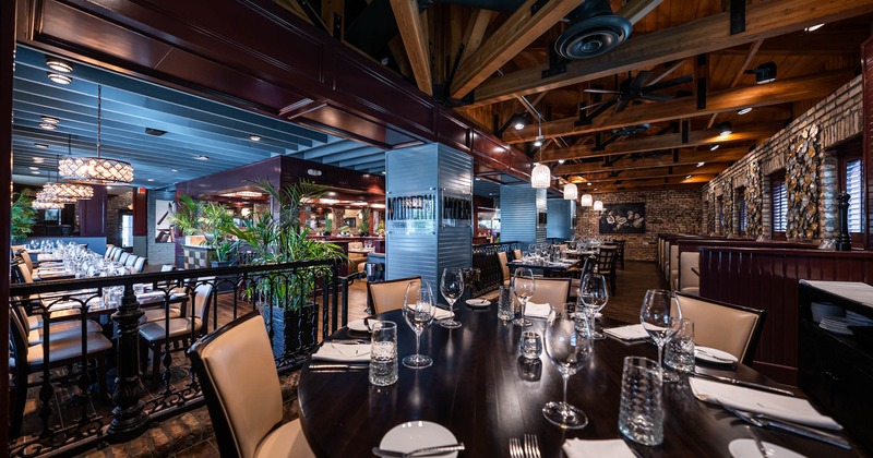 Interior, seating area, tables ready for guests