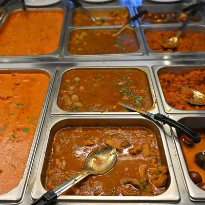 Food in serving containers.