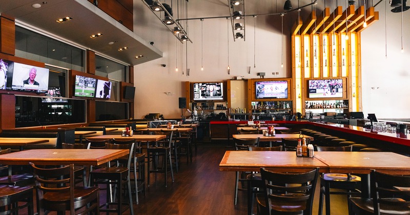 Interior, seating area, lined up tables