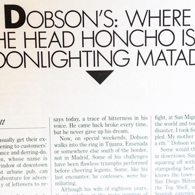 A partially visible article about Dobson occasionally fighting in a corrida in Mexico