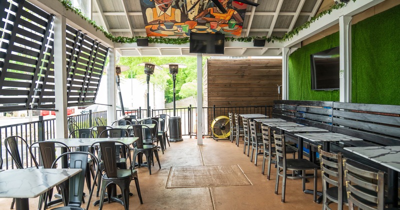 Interior, diner area, tables and chairs