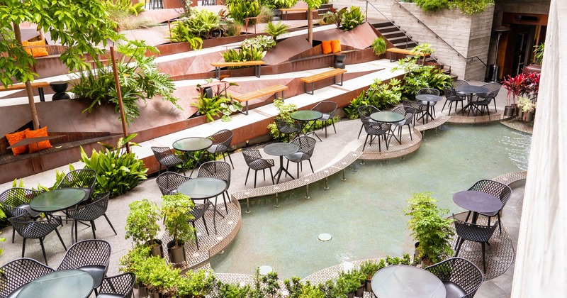 Aerial view of the garden seating and fountain
